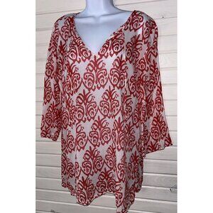FLORA Rock Flower Paper Sz MEDIUM Red White Ikat Print Top Tunic 100% Cotton EUC